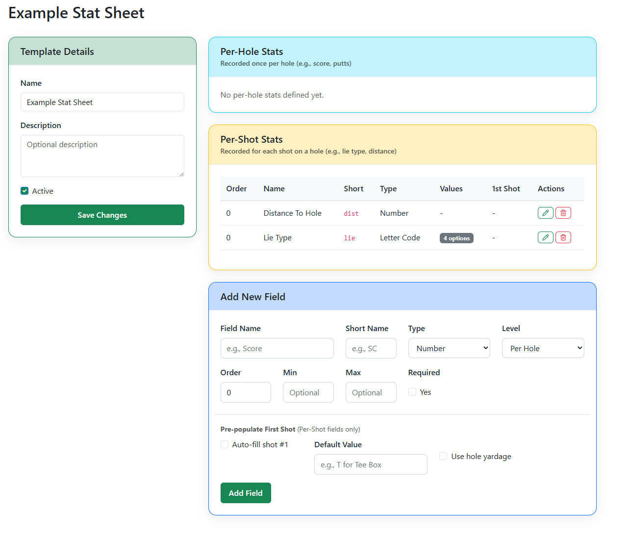 Statistics Template admin dashboard showing template configuration